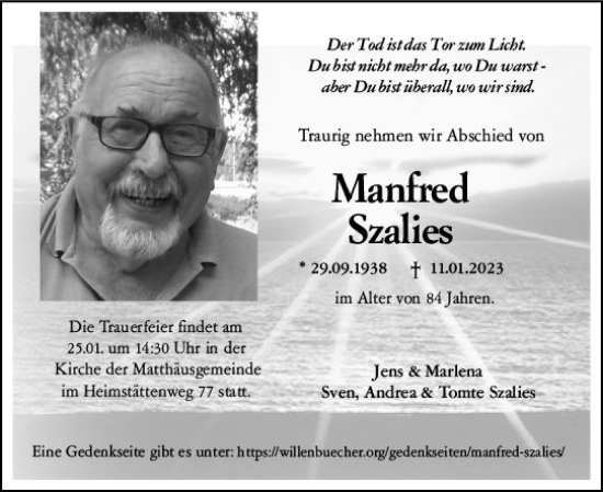 Traueranzeige von Manfred Szalies von Darmstädter Echo