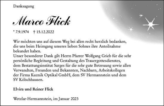 Traueranzeige von Marco Flick von Wetzlarer Neue Zeitung