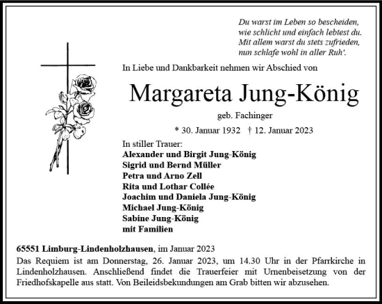 Traueranzeige von Margareta Jung-König von Nassauische Neue Presse
