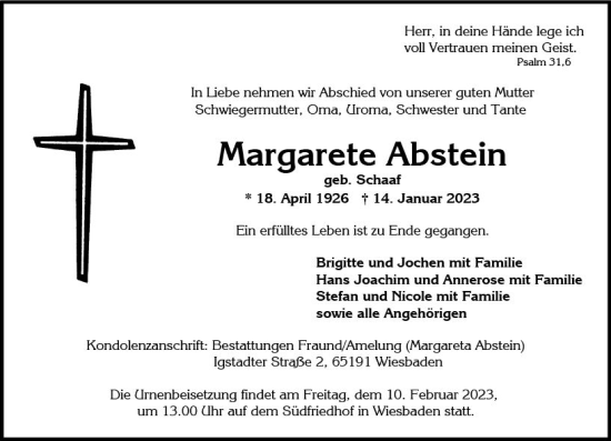 Traueranzeige von Margarete Abstein von Wiesbadener Kurier gesamt