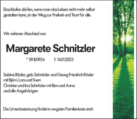 Traueranzeige von Margarete Schnitzler von Darmstädter Echo