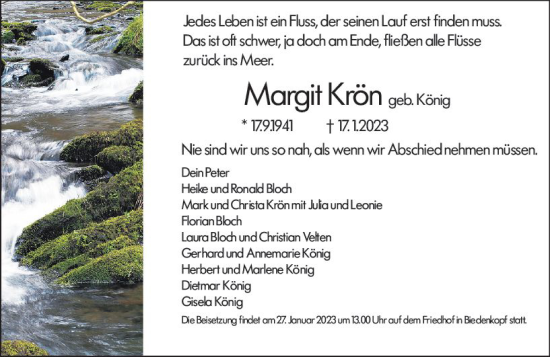 Traueranzeige von Margit Krön von Hinterländer Anzeiger