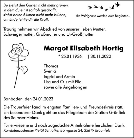 Traueranzeige von Margot Elisabeth Hortig von Wetzlarer Neue Zeitung