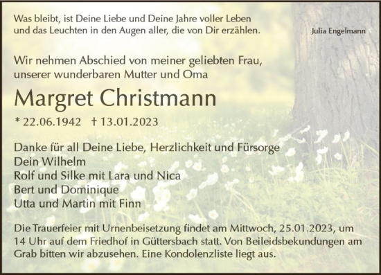 Traueranzeige von Margret Christmann von Odenwälder Echo
