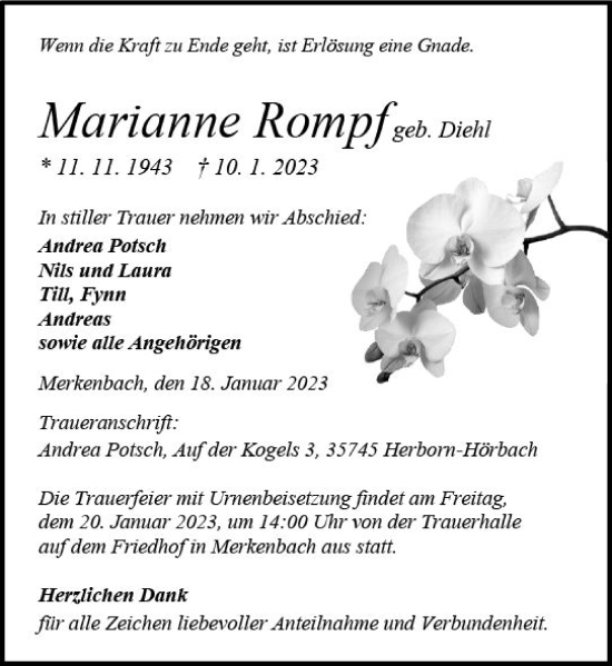 Traueranzeige von Marianne Rompf von Dill Block