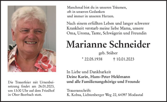 Traueranzeige von Marianne Schneider von Darmstädter Echo