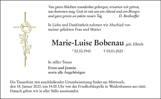 Traueranzeige von Marie-Luise Bobenau von Hinterländer Anzeiger