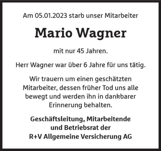 Traueranzeige von Mario Wagner von Wiesbadener Kurier gesamt