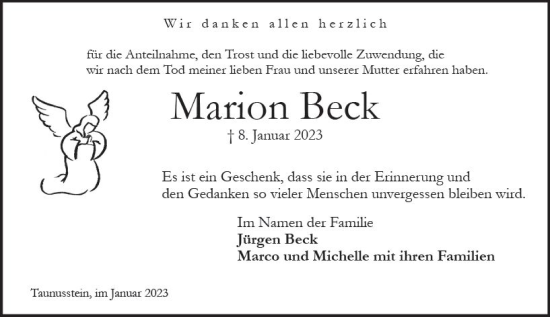 Traueranzeige von Marion Beck von Idsteiner Land / Untertaunus Kurier