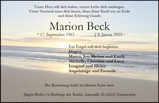 Traueranzeige von Marion Beck von Idsteiner Land / Untertaunus Kurier