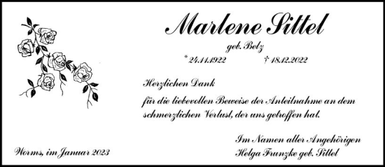 Traueranzeige von Marlene Sittel von Wormser Zeitung