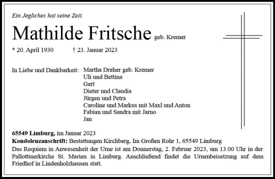 Traueranzeige von Mathilde Fritsche von Nassauische Neue Presse
