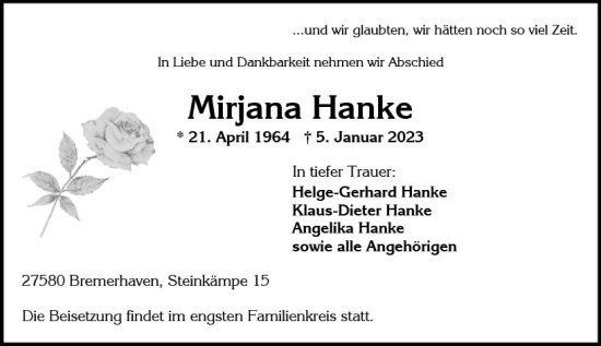 Traueranzeige von Mirjana Hanke von Wiesbadener Kurier gesamt