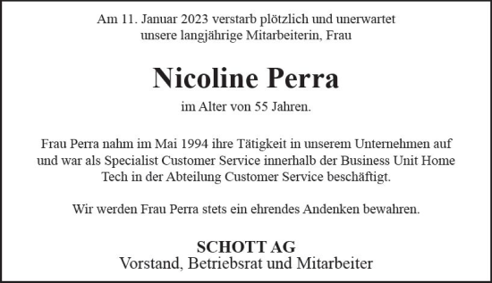 Traueranzeige von Nicoline Perra von Allgemeine Zeitung Mainz