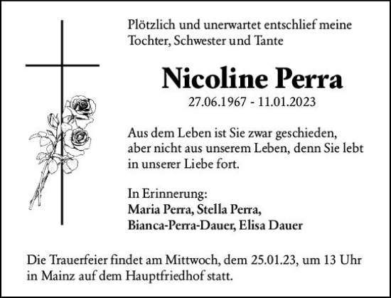 Traueranzeige von Nicoline Perra von Allgemeine Zeitung Mainz