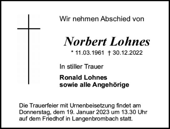 Traueranzeige von Norbert Lohnes von Odenwälder Echo
