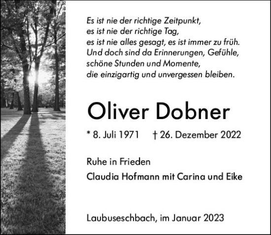 Traueranzeige von Oliver Dobner von Weilburger Tageblatt
