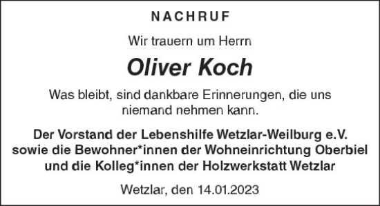 Traueranzeige von Oliver Koch von Wetzlarer Neue Zeitung