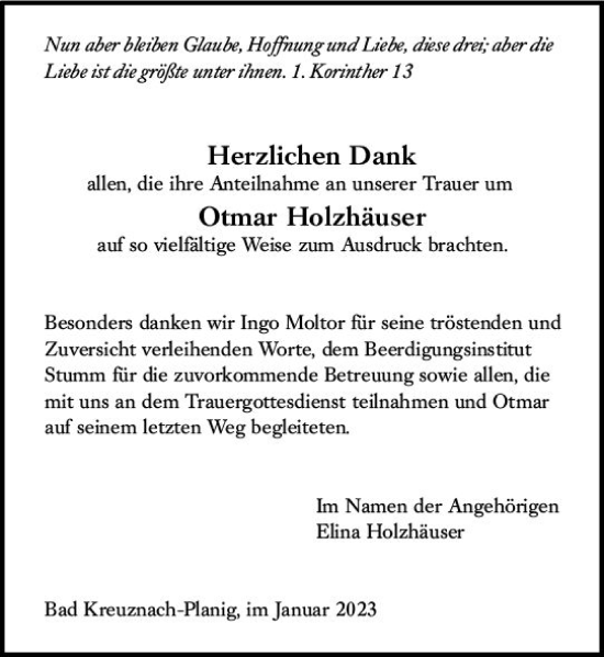 Traueranzeige von Otmar Holzhäuser von Allgemeine Zeitung Bad Kreuznach