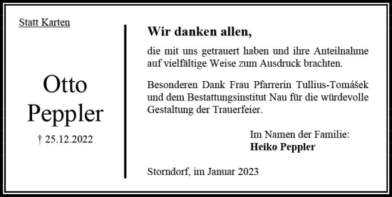 Traueranzeige von Otto Peppler von OK Oberhessen Kurier