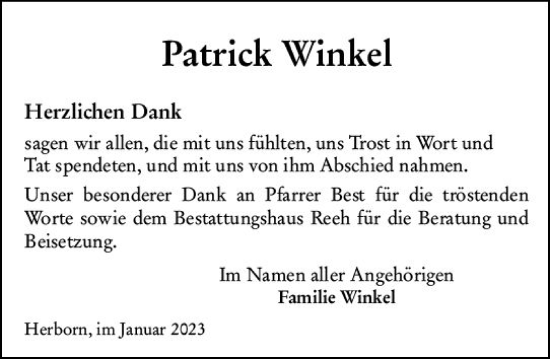 Traueranzeige von Patrick Winkel von Dill Block