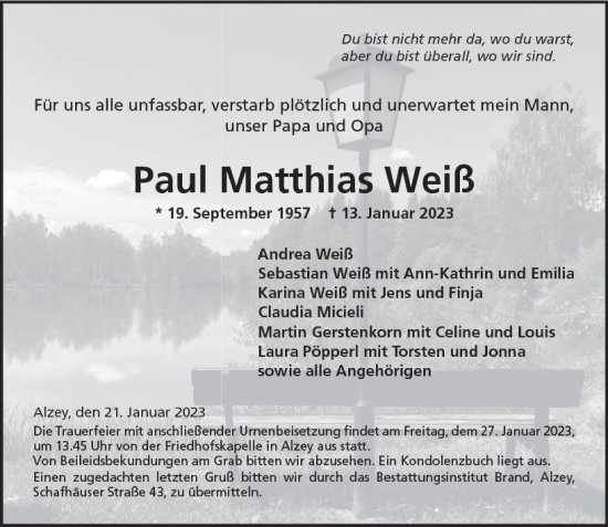 Traueranzeige von Paul Matthias Weiß von Allgemeine Zeitung Alzey