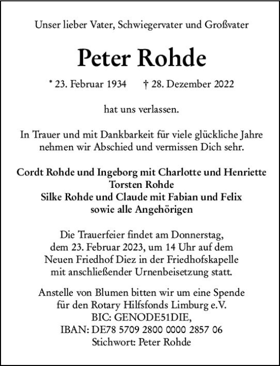 Traueranzeige von Peter Rohde von Nassauische Neue Presse