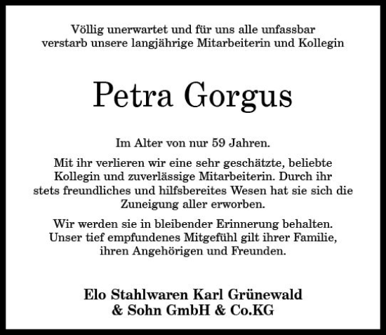 Traueranzeige von Petra Gorgus von Allgemeine Zeitung Bad Kreuznach