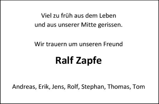 Traueranzeige von Ralf Zapfe von Darmstädter Echo