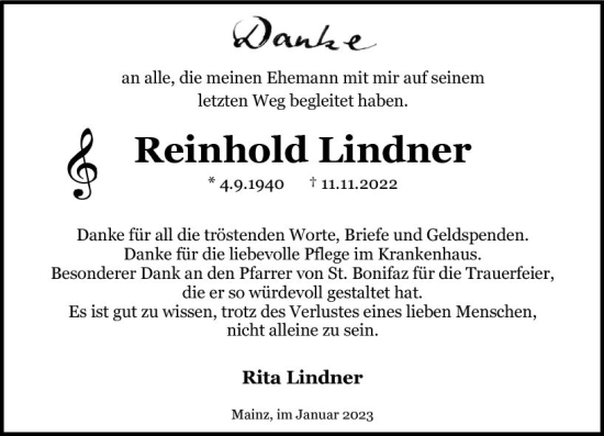 Traueranzeige von Reinhold Lindner von Allgemeine Zeitung Mainz