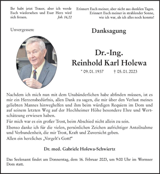 Traueranzeige von Reinhold Karl Holewa von Wormser Zeitung