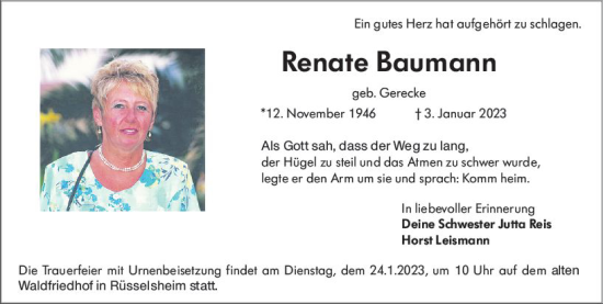 Traueranzeige von Renate Baumann von Rüsselsheimer Echo