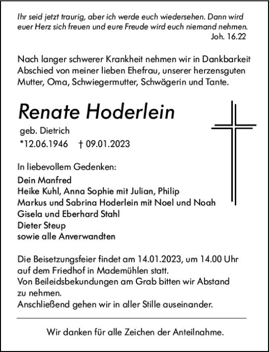 Traueranzeige von Renate Hoderlein von Dill Block
