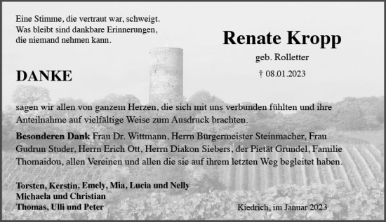 Traueranzeige von Renate Kropp von WK Rheingau