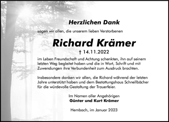 Traueranzeige von Richard Krämer von Odenwälder Echo Traueranzeige von Richard Krämer von Odenwälder Echo