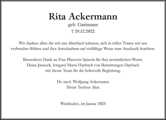 Traueranzeige von Rita Ackermann von Wiesbadener Kurier gesamt