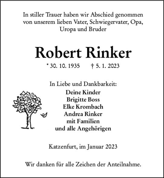Traueranzeige von Robert Rinker von Wetzlarer Neue Zeitung