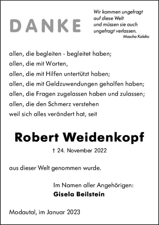 Traueranzeige von Robert Weidenkopf von Darmstädter Echo