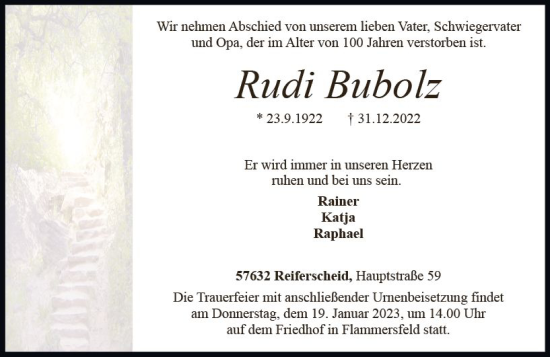Traueranzeige von Rudi Bubolz von Allgemeine Zeitung Mainz