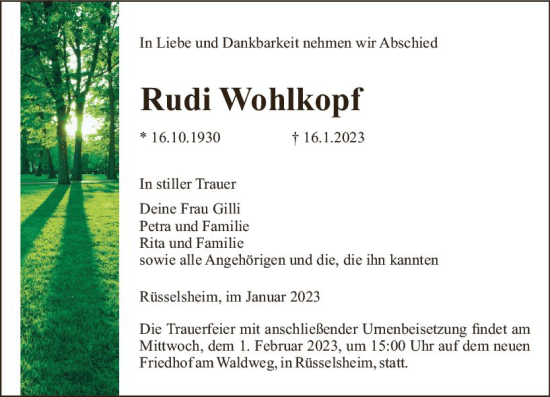 Traueranzeige von Rudi Wohlkopf von Rüsselsheimer Echo