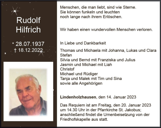 Traueranzeige von Rudolf Hilfrich von Nassauische Neue Presse