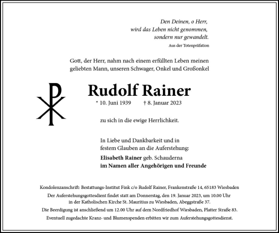 Traueranzeige von Rudolf Rainer von Wiesbadener Kurier gesamt