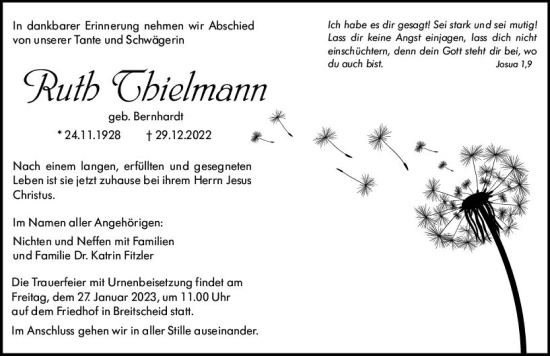 Traueranzeige von Ruth Thielmann von Dill Block
