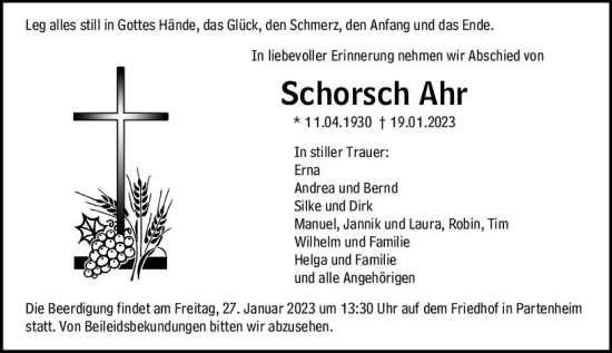 Traueranzeige von Schorsch Ahr von Allgemeine Zeitung Alzey