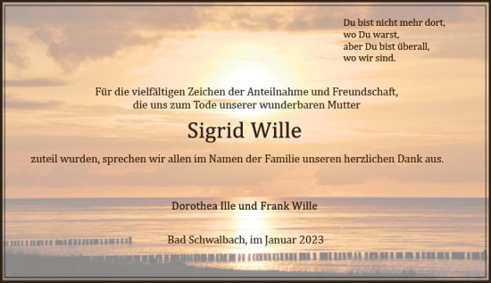 Traueranzeige von Sigrid Wille von Wiesbadener Kurier gesamt