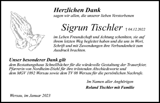 Traueranzeige von Sigrun Tischler von Odenwälder Echo