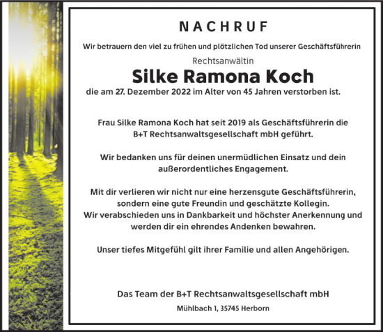 Traueranzeige von Silke Ramona Koch von Hinterländer Anzeiger