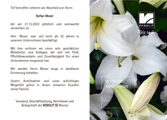 Traueranzeige von Stefan Moser von Wormser Zeitung