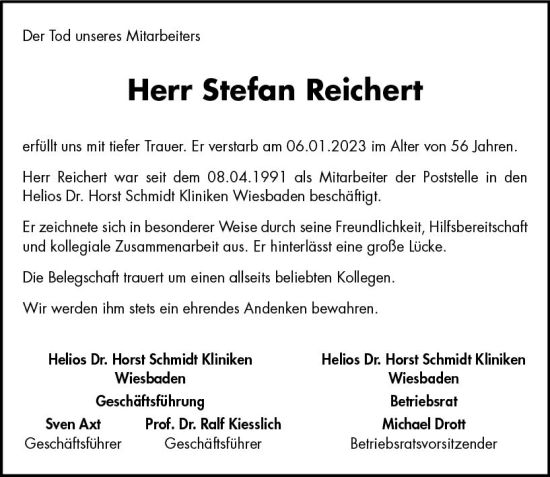 Traueranzeige von Stefan Reichert von Wiesbadener Kurier gesamt