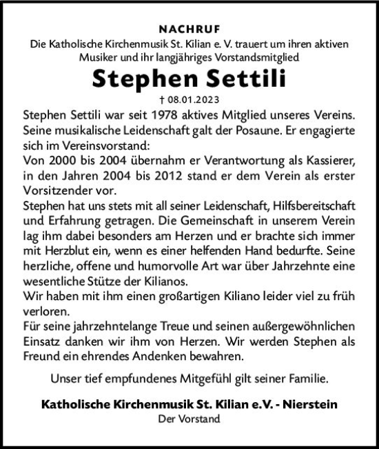 Traueranzeige von Stephen Settili von Allgemeine Zeitung Mainz